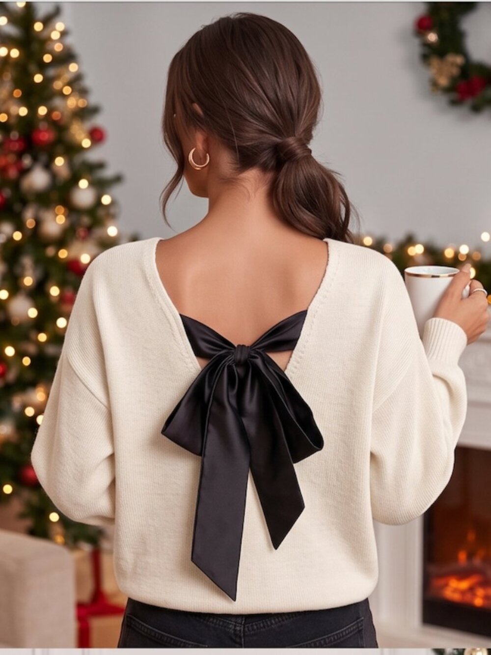 Cream Backless Bow Tie Knit Sweater